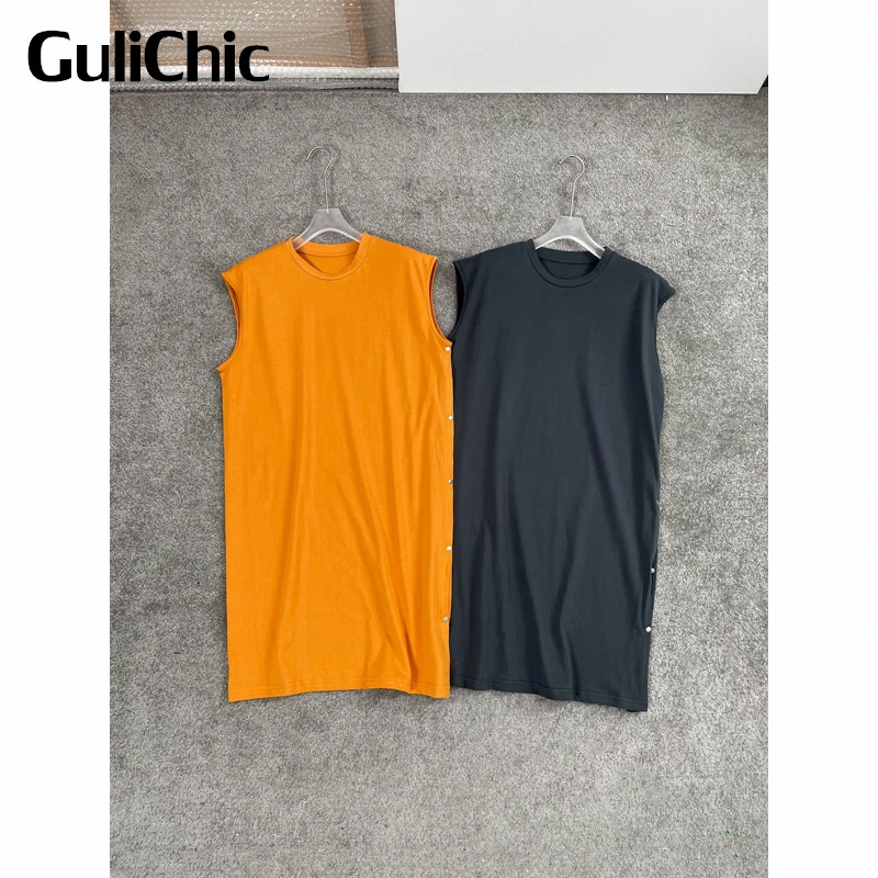 

6.22 GuliChic Women Fashion Side Split Button Round Neck Sleeveless Loose Casual Dress