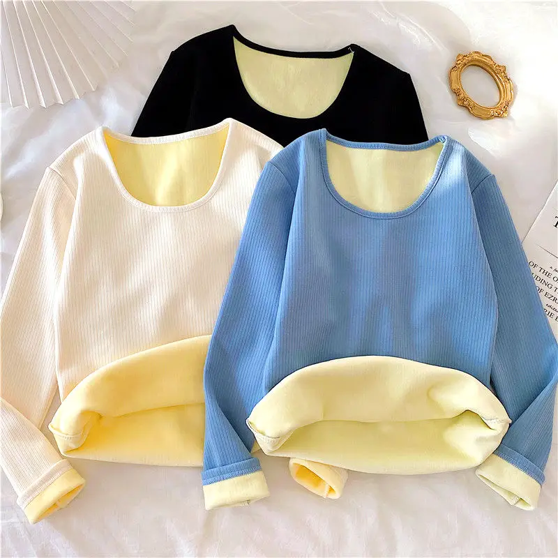 

Autumn Winter Fleece Lined Tights T-shirts Women Fashion New Basics Solid Round Neck Warm Long Sleeve Tops Female