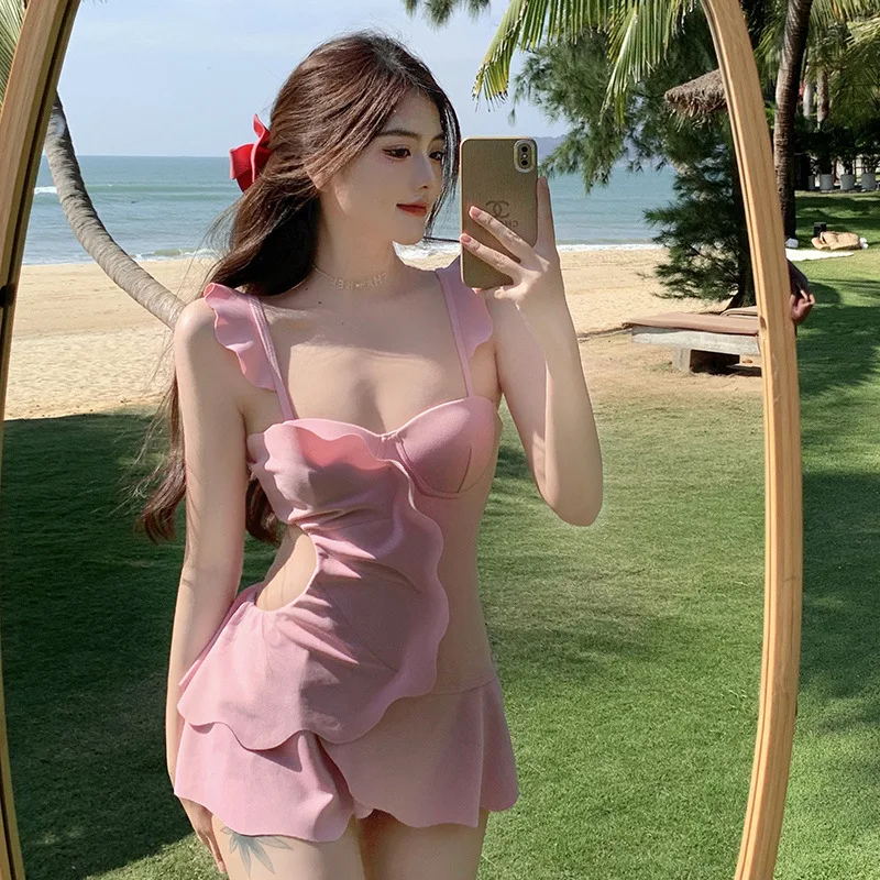 

One Piece Swimsuit Girl Sexy Waistless Swimwear Ins Small Chest Gathered Cute Pink Dress Swimsuit Summer