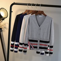 tb knitted sweater womens cardigan spring and autumn new striped outer v neck short top long sleeved coat female student