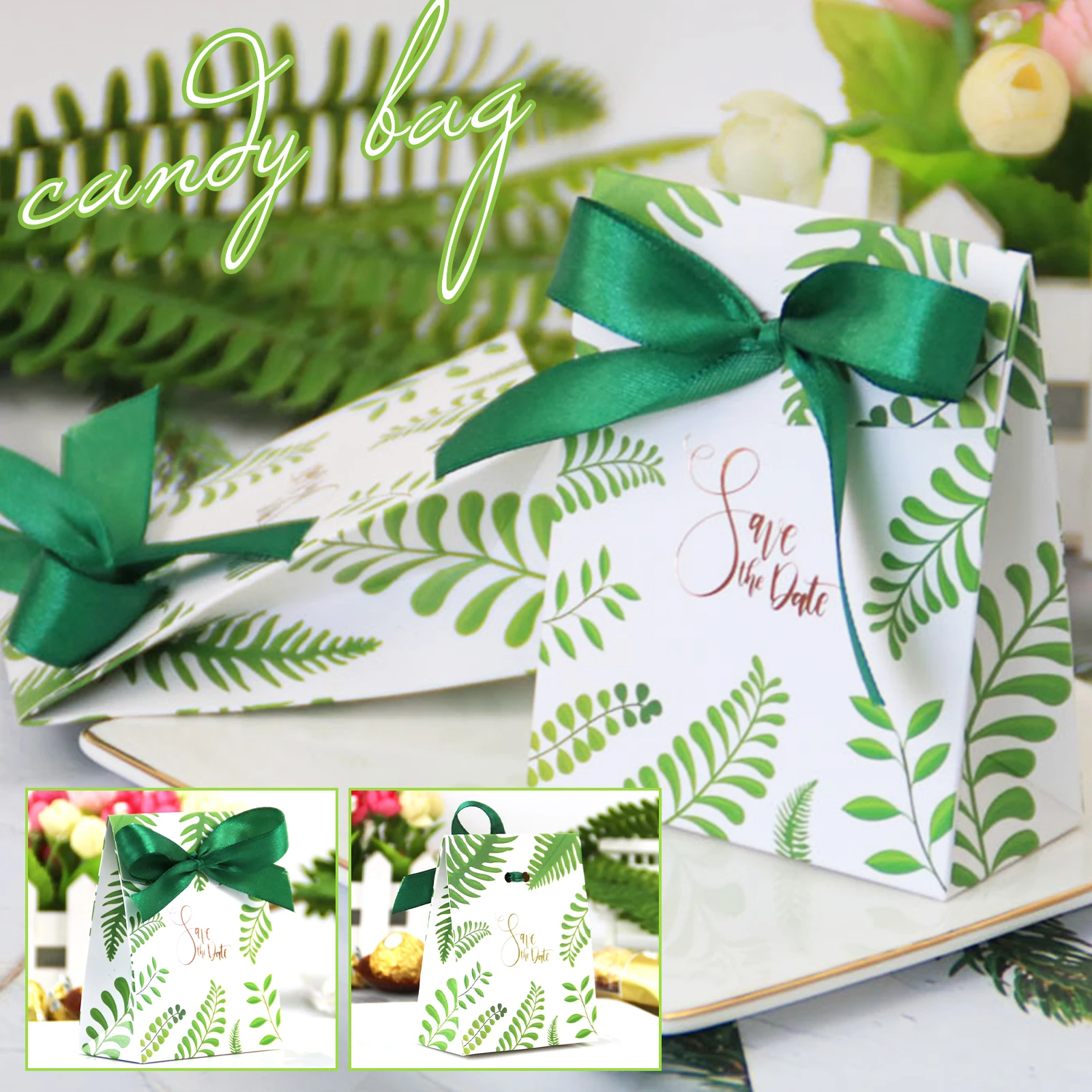 

Plants Printed Gift Bag with Ribbon Tie Wrapping Treat Paper Packs No Handle Save the Date Leaves Patterns Pack of 50 SCVD889