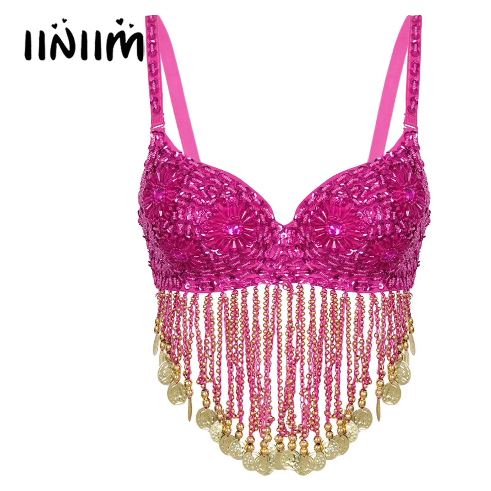 

Women Glitter Fringed Belly Dance Top Beaded Sequined Tassel Underwire Bra Belly Dance Festival Outfit Rave Party Pole Dancewear