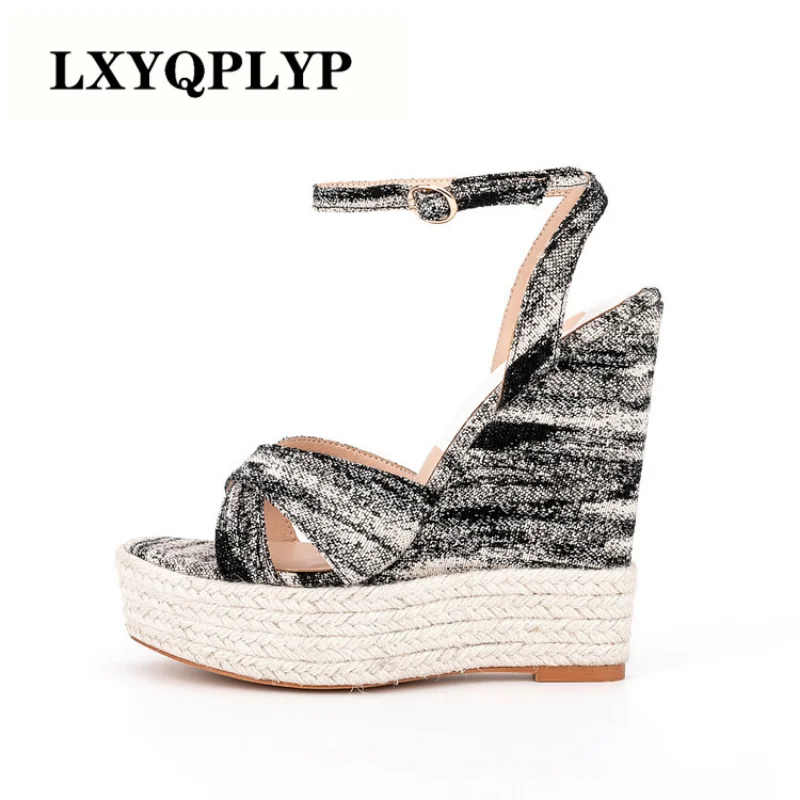 

Brand Women's Shoes Spring and Summer New Round Toe Slope Heel Waterproof Platform Stripe Fashion Sandals Elegant Skirt Shoes