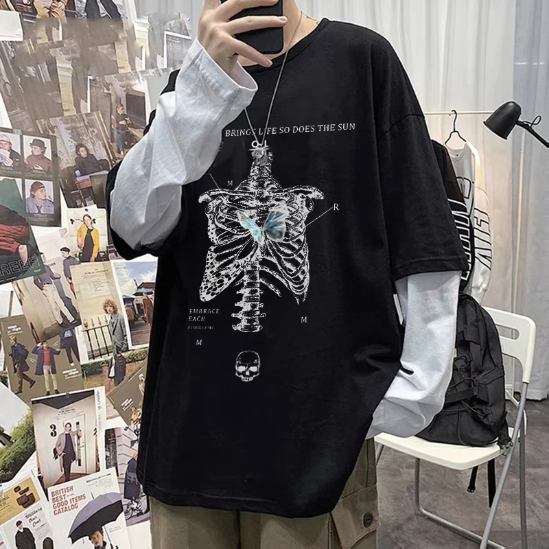 

Skull Letters Print Y2K Goth Punk Oversized Women's Tee 90s Retro Hip Hop Streetwear Oversized O-neck Cotton Fake Two Piece tops