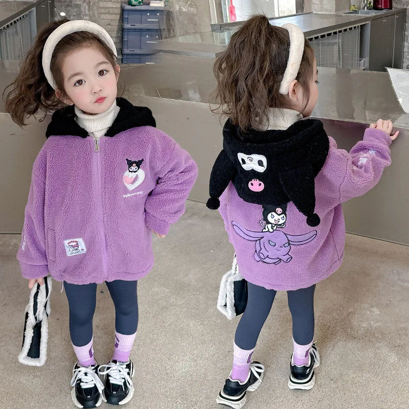 

Новинка Kawaii Sanrio детское плюшевое пальто Hellokitty Kuromi мультфильм аниме с капюшоном кардиган осень/зима утепленный свитер Топы подарок для девочки