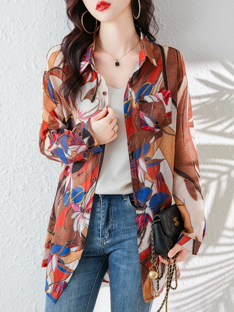 

Summer 2023 New Thin Silk Linen Print Long Sleeve Loose Women's Shirt Middle-aged Mothers Sunscreen Shirt Hot Selling Tops T304