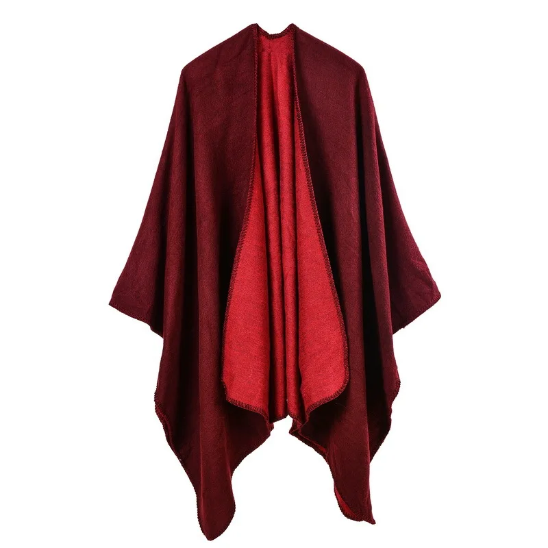Autumn Winter Solid Color Imitation Cashmere Large Fork Shawl Warm Monochrome Cloak  Ponchos Capes Wine Red