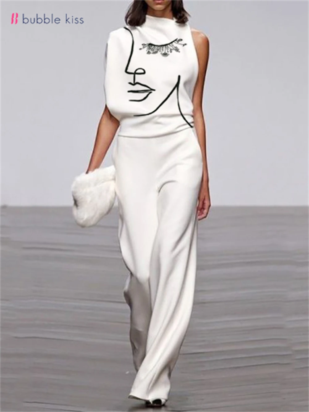 BubbleKiss Summer Fashion Women Jumpsuit Human Head Abstract Print Wide Leg Pants Elegant Office Lady Female Jumpsuit