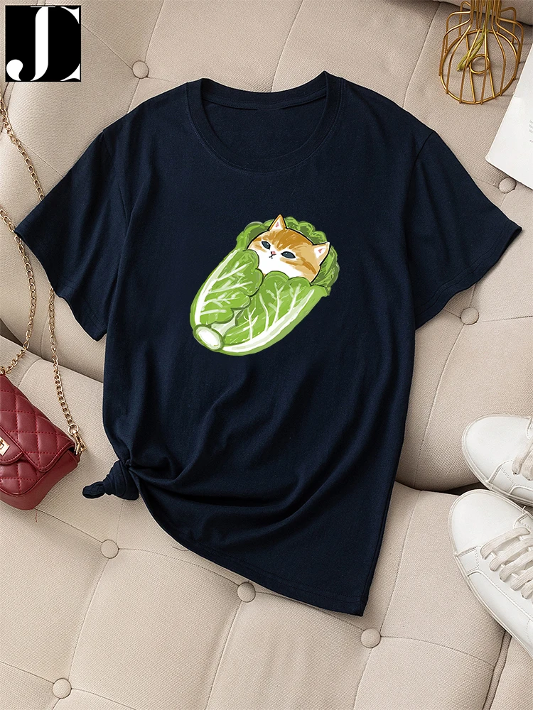 

Women Casual T-shit Summer Daily Graphic Short Sleeve Cat Vegetable Print Female 100% Cotton Fashion T Shirt Round Neck Tee Tops