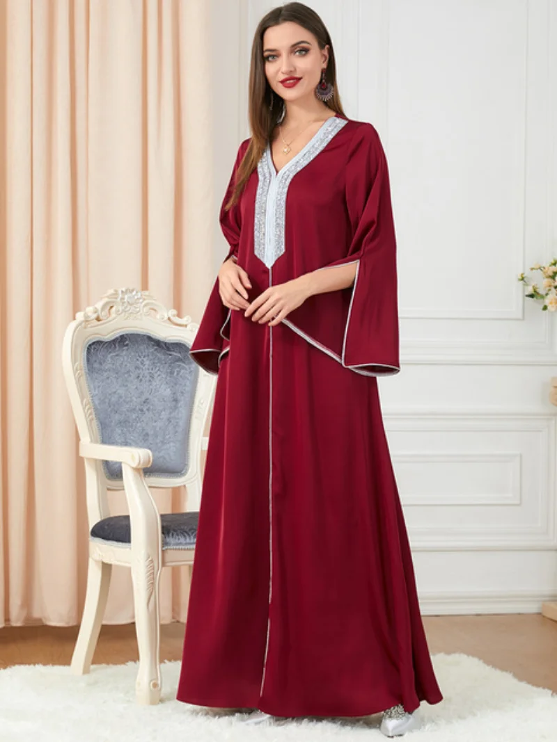 Women Elegant Long Dresses Dubai Luxury V-Neck Diamonds Split Sleeve Ramadan Abaya Muslim Turkish Islam Evening Party Robe