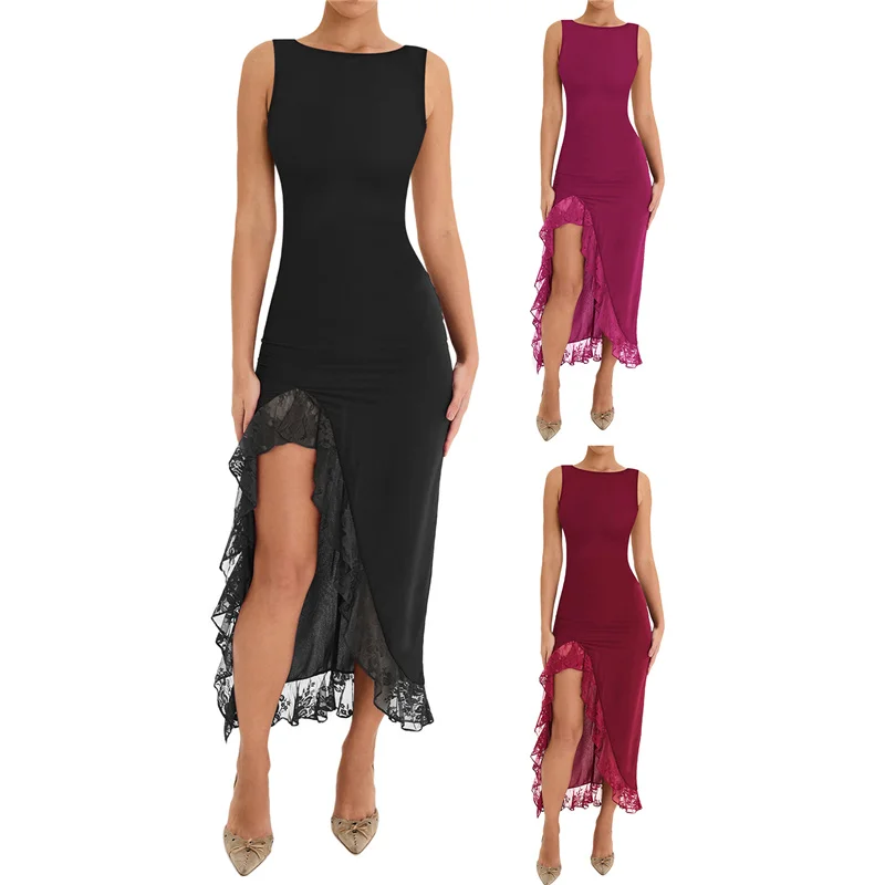 

Women Long Dress, Sleeveless Crew Neck Lace Patchwork Slit Dress for Cocktail Party