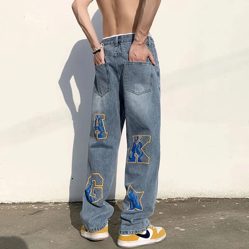 American Retro High Street Hip Hop Print Letter Pants For Men Women Loose Tube Floor Dragging Wide Leg Straight Casual Trousers