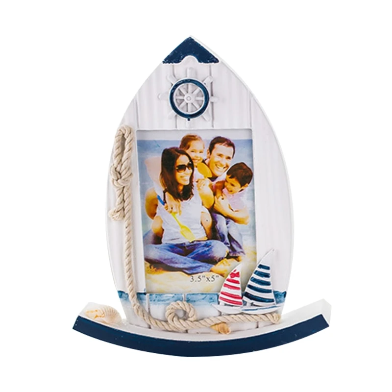 Wooden Blue Sailboat Picture Frame Sculptural Wood Photo Holder Meticulous Decoration Handcrafted Tabletop Accessory |
