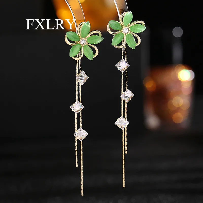 

FXLRY New Trendy Micro Paved Cubic Zircon S925 Silver Needle Opal Flower Long Tassels Earrings For Women Fashion Jewelry
