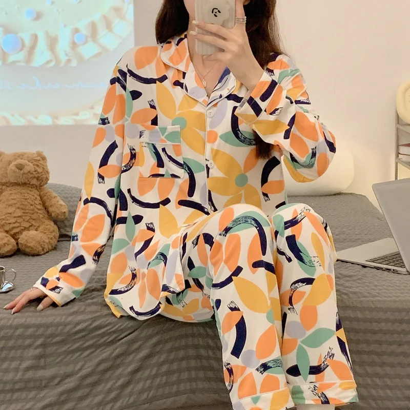 CAIYIER 2022 Pink Leopard Grain Nightwear Turn Down Collar Leisure Sleepwear Autumn Winter Korean Soft Cardigan Suit Homewear