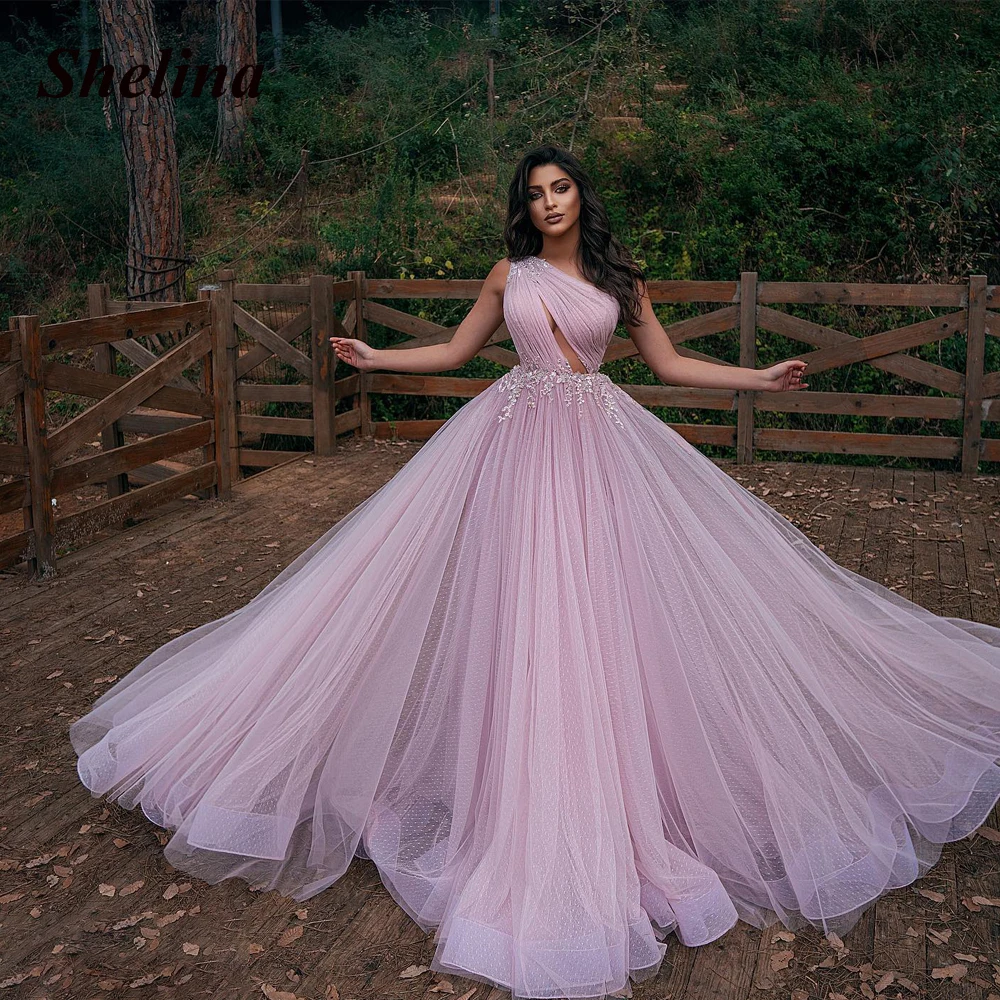

Exquisite Tulle Prom Evening Dress One-Shoulder Appliques Sequins Court Train Prom Gown Vestidos Robes De Soirée Made To Order