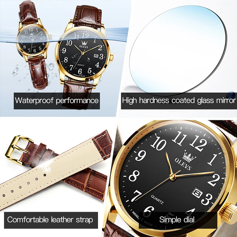 OLEVS Fashion Brown Waterproof Leather Watch Calendar Casual Simple Dial Couple Watches Quartz Watch 2022 New Couple Watch 5566