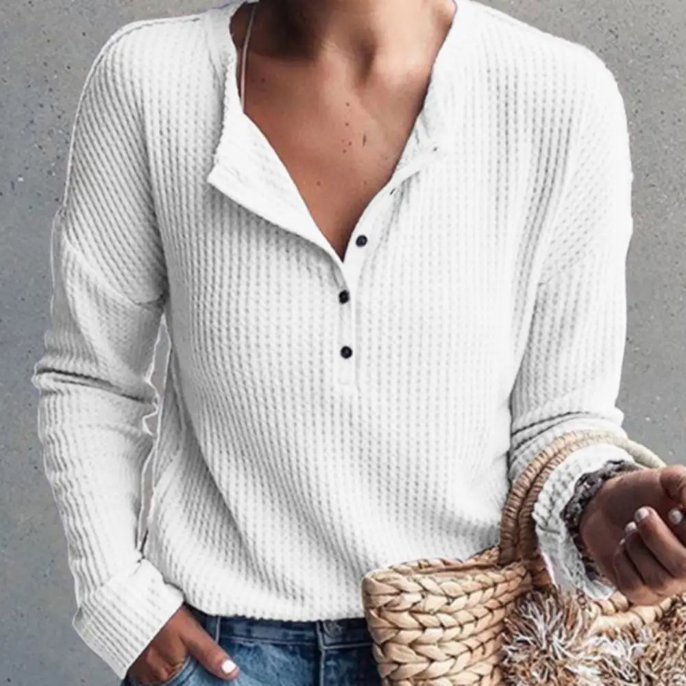 

Autumn V-neck Women Blouse Long Sleeve Buttons Half Placket Stretchy Simple Casual Solid Color Waffle Top Tee Shirt Streetwear