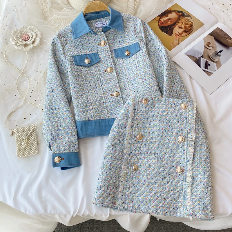 

Women's Retro Denim Coat Stitching Tweed Retro Top Two-Piece Suit High Waist Skirt and Coat Suit for Ladies Elegant Skirt Set