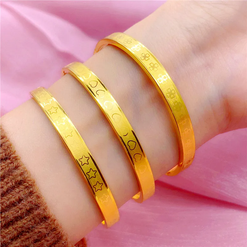 

Imitation Gold Jewelry Buckle Copy 100% 24K Real Gold 18K Bracelet Simple Love Star Clover Girl Pure Gold Plated Women's Bangles