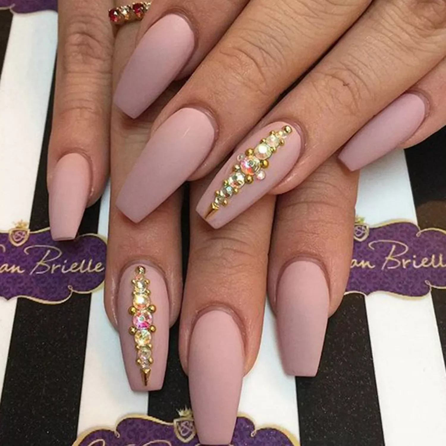 

NEW Ballerina False Nail Tip Dark Pink Rhinestone Design Wearable Artificial Coffin Fake Nails With Glue Press On Nails