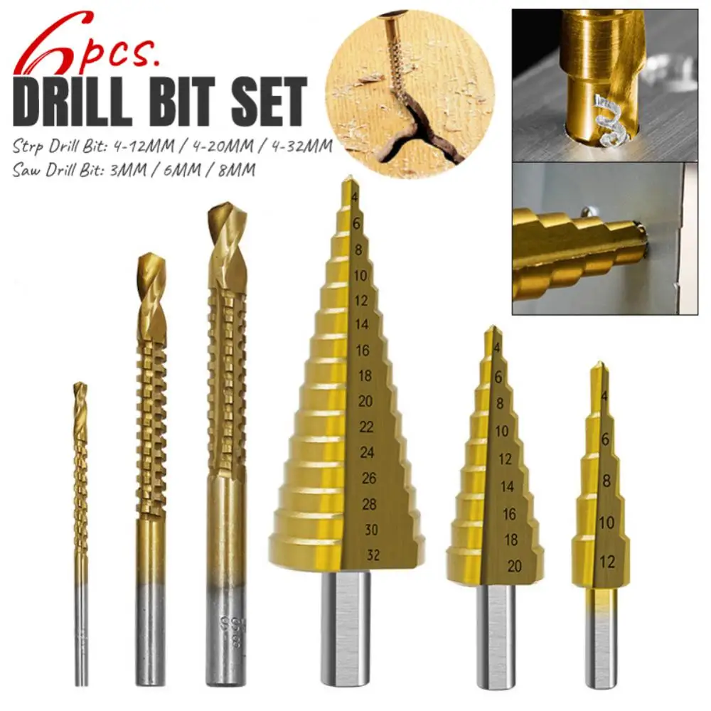 

6pcs/set Step Drill Bit Set HSS Titanium Coated Straight Groove Step Drill Bit For Metal Wood Plastic Hole Cutter Cone Drilling