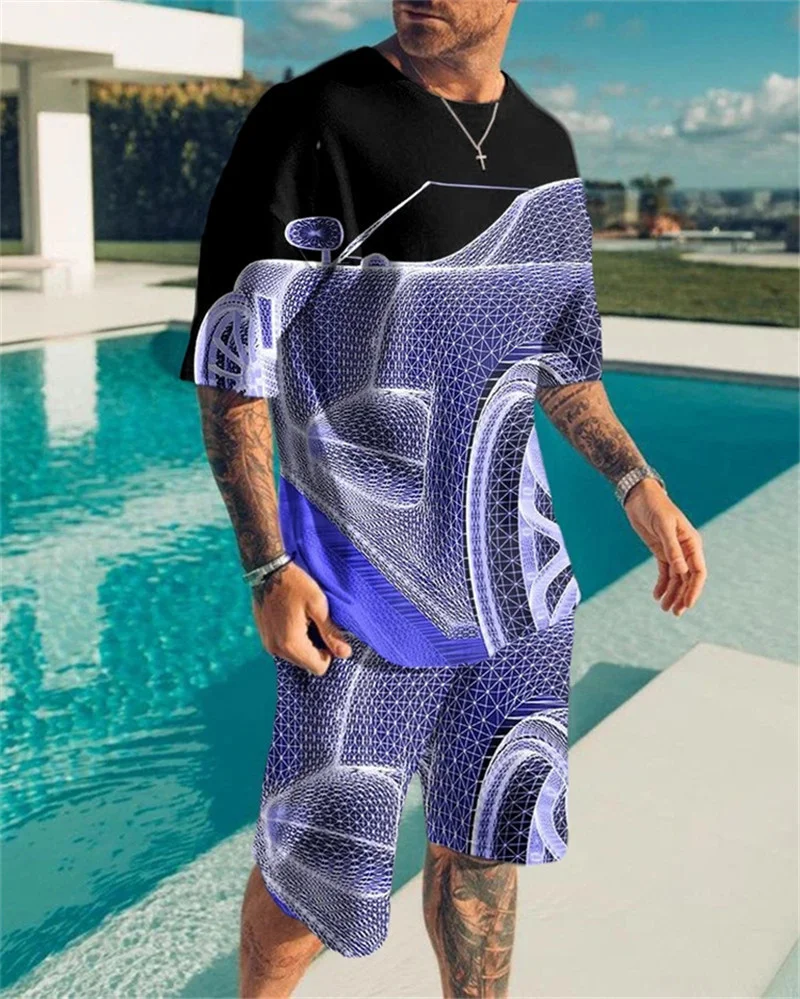 2023 Summer Geometric Minimalist Sports Suit 3D Digital Print Oversized T-shirt 2-piece Men's Fashion Casual Short Dating Suit