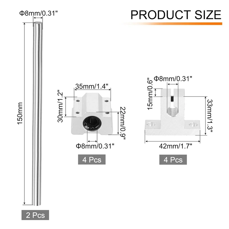 2 шт. 8 мм x 150 направляющая вала линейного перемещения с 4 подшипниками и опорами