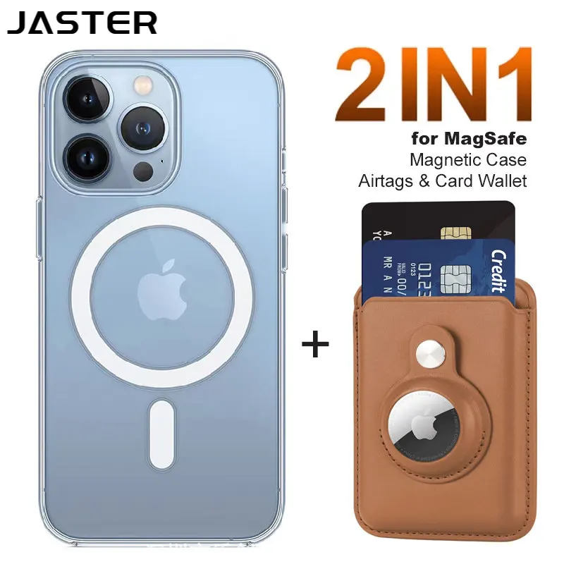 

Magnetic Clear Phone Case for Magsafe and Snap-on Leather Card Wallet with Built-in AirTag Holder for iPhone 12 13 14 15 Series