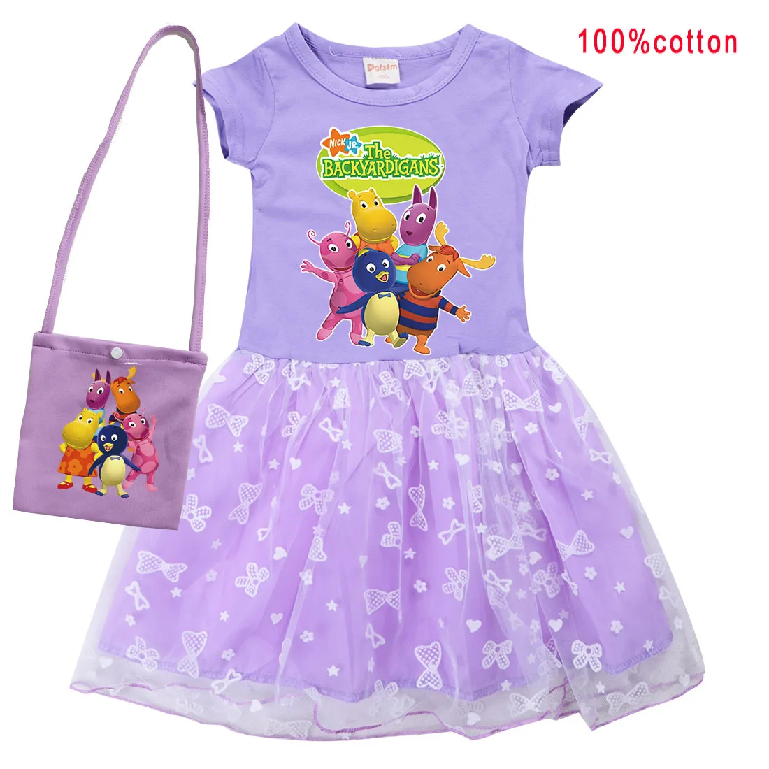 Children‘s Backyardigans Clothes Toddler Girls Lace Princess Dresses with Small Bag Kids Summer Short Sleeve Wedding Party Dress