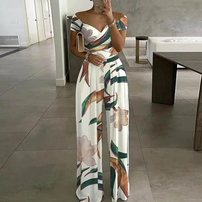Elegant Off Shoulder Short Sleeve Jumpsuits Floral Print Jumpsuit 2023 Summer Chic Women Straight Party Overalls Y2k Club Romper