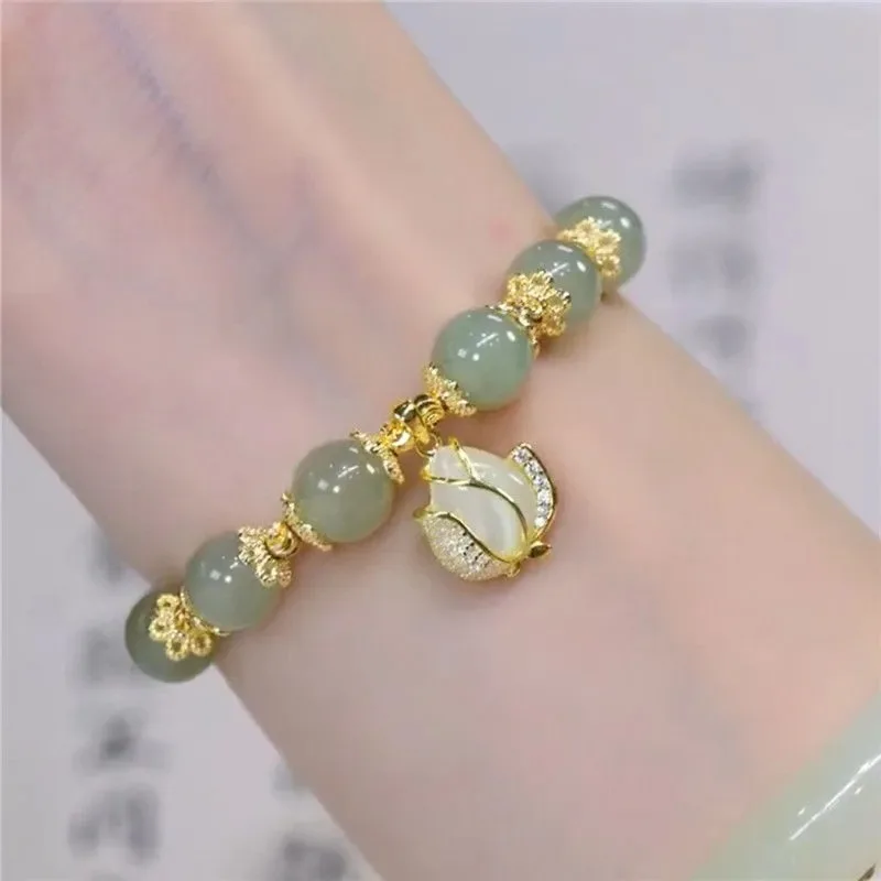 

Imitation Hetian Jade Bracelet for Women Ginkgo Tulip Leaves Layered Beaded Charm Bracelets Party Casual Jewelry Gifts Pulsera