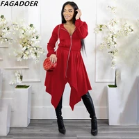 fagadoer fall winter zip long sleeve dresses women v neck zipper irregular knee dress female casual solid color vestidos clothes