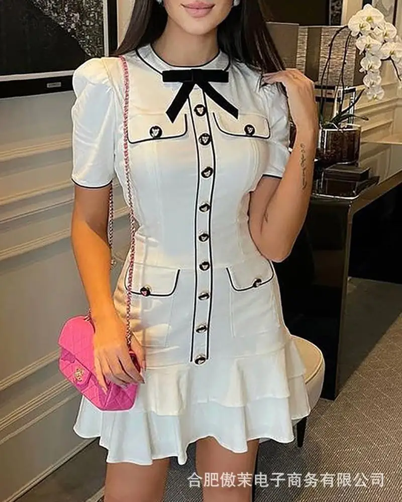 

2022 Spring Summer Women Dresses Round Neck Sweet Causal Club Party Birthday White Casual Bow White Dress