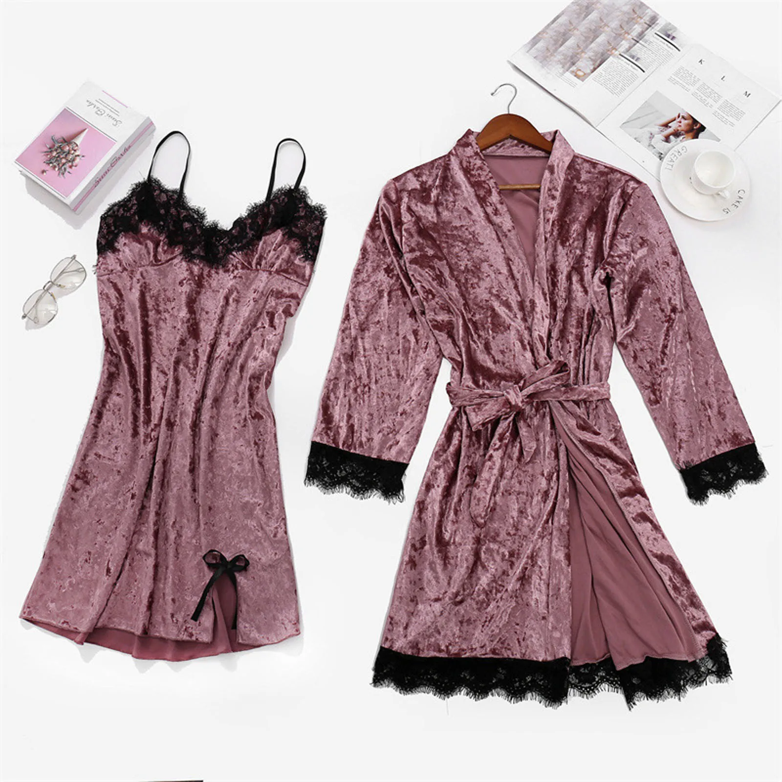 

2PCS Sleepwear Women's Underwear Lace Velvet Soft Women's Home Clothes Nightgown Solid Color Bandage Women's Nightwear Nightie