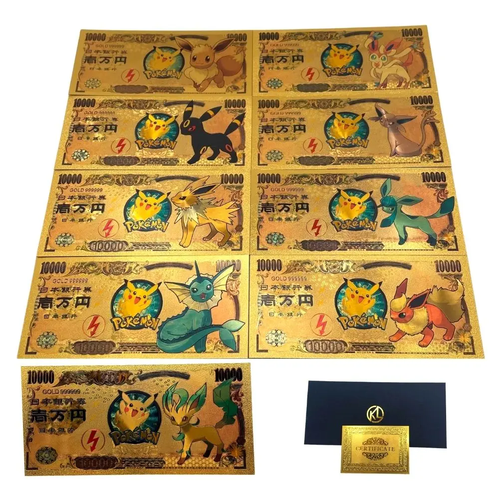 

5-12pcs Pokemon CARDS Pikachu Pokeball gold banknote 10000 Yen Gold plastic Banknote for classic childhood memory Collection