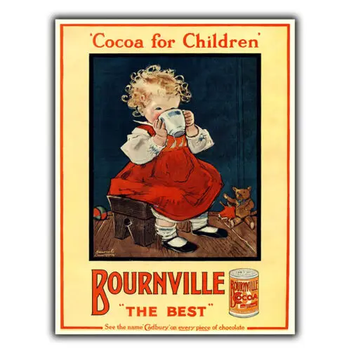 1p CADBURY&ampaposS BOURNVILLE Какао ШОКОЛАДНАЯ ВИНАЧКА МЕТАЛЛИЧЕСКАЯ НАСТЕННАЯ ПЛАТА Реклама