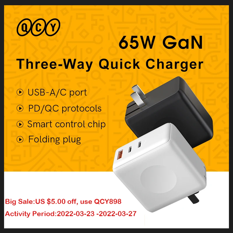 

QCY 65W GaN Quick Charger 3 Port Type-C USB Fast Charger PD QC Travel Fold Charge Adapter For iPhone 12 Xiaomi Laptop US/EU Plug