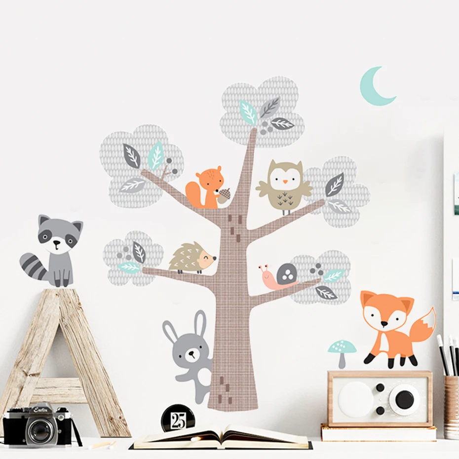 Бохо милый мультфильм дерево лиса животное акварель стикер на стену виниловые