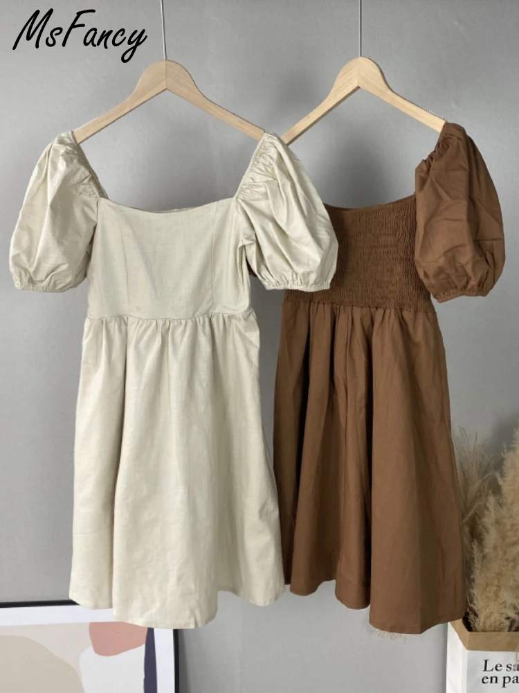 Мини-платье Msfancy из хлопка женское коричневое Повседневное платье с квадратным