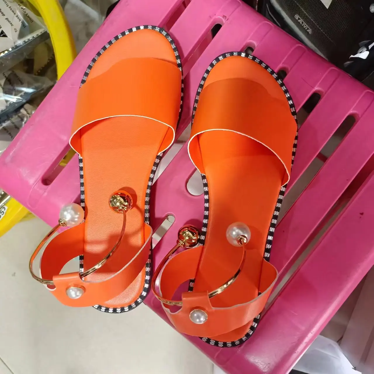 2023 New Summer Women Beaded Pearly Sandals Slippers Shoes Ladies Flats Sandals Flip Flop Casual Flat Slingback Sandals Shoes