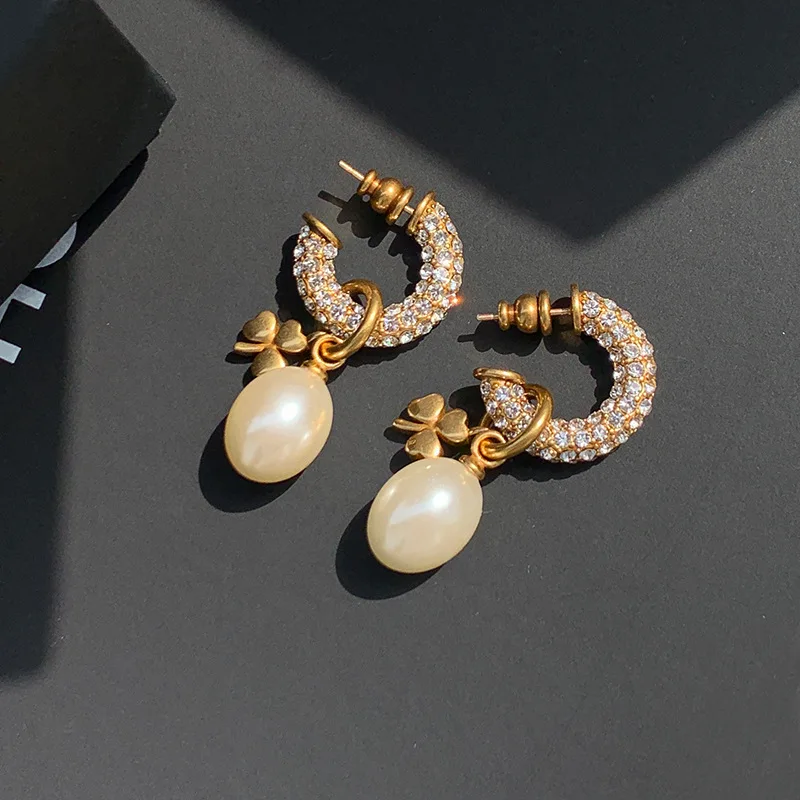 

Premium Gold Vintage Earrings Luxury Full Diamond Fashion Pearl Earrings Women's Classic Pearl Leaf Earrings Earstuds Jewelry