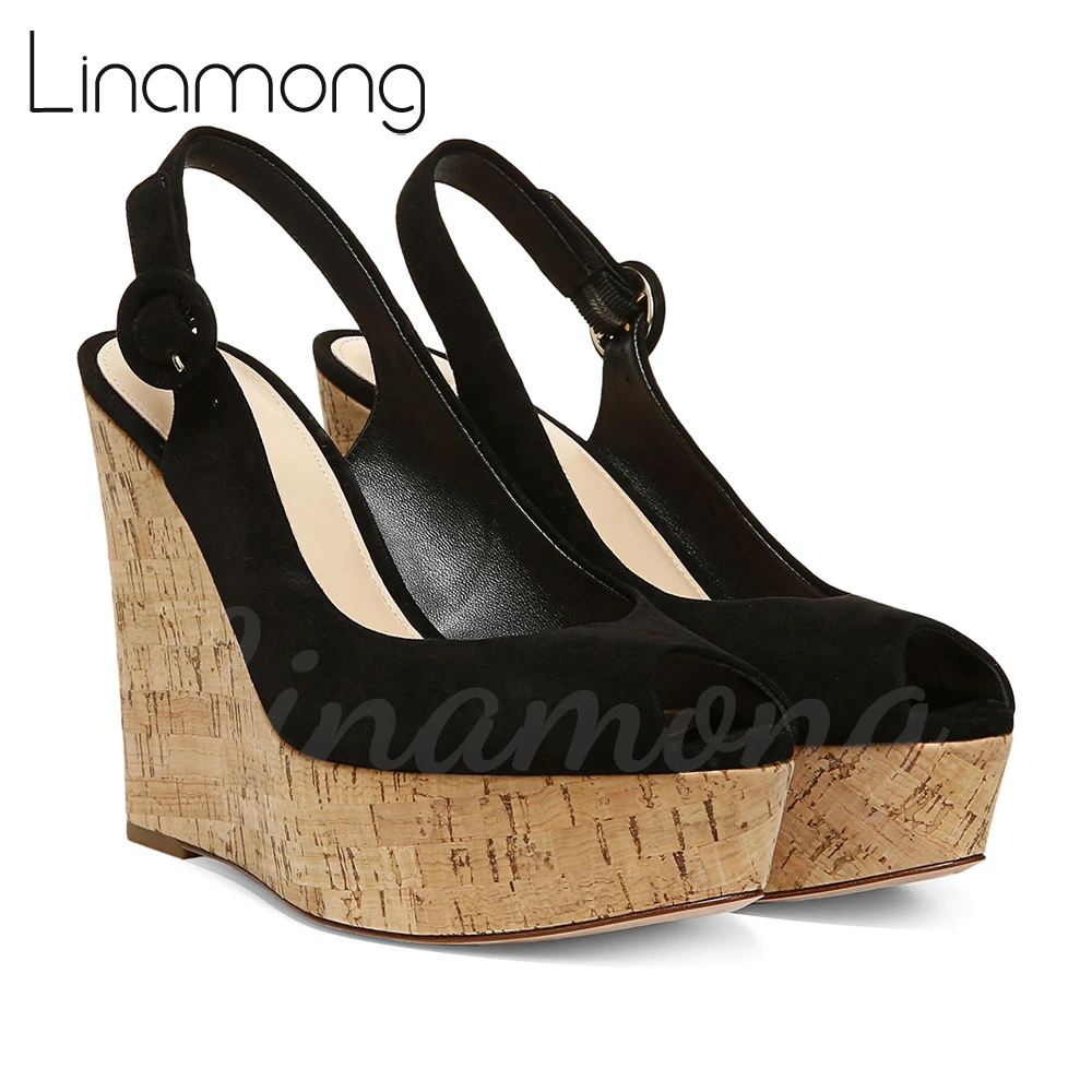 

Suede Peep Toe Wedge Sandals Platform Wood Grain Heel Summer Shoes Round Buckle Single Back Strap Women High Heels Custom Color