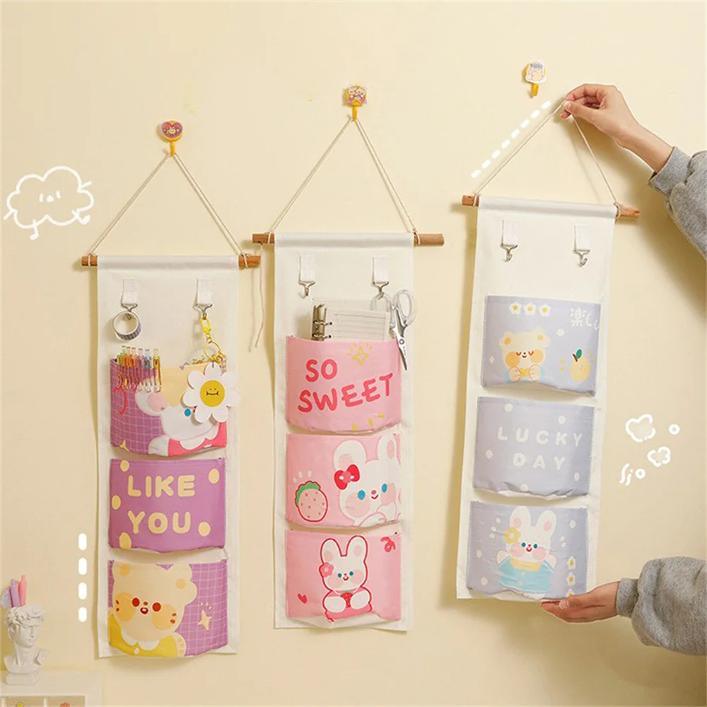 

Creative Three Grid Fabric Storage Bag Desk Organizers Supplies Wall Door Rear Cabinet Hanging Bags Stationery Holder