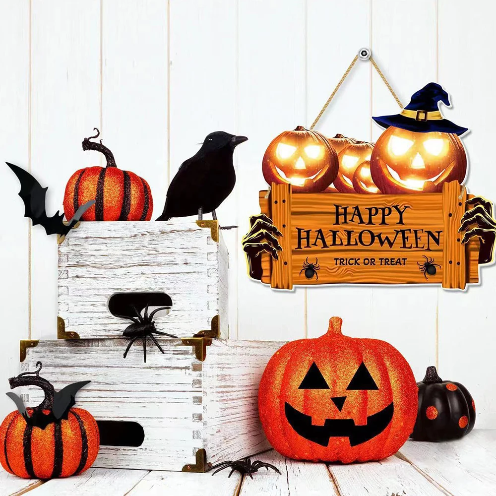 Счастливый Хэллоуин деревянный знак Тыква деревянная дверная вешалка украшения