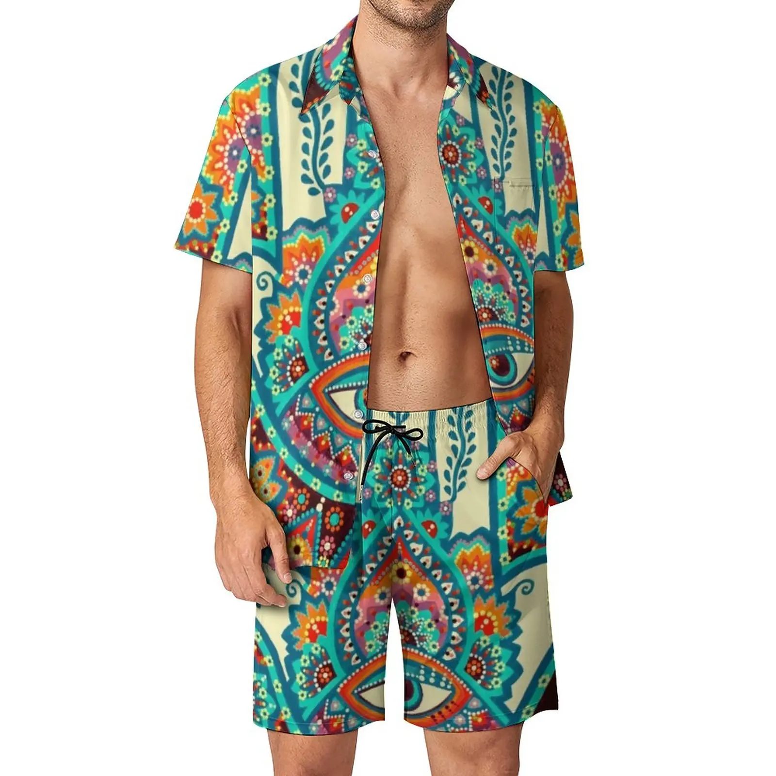 

Hamsa Hand Men Sets Retro Floral Print Hawaii Casual Shirt Set Short-Sleeved Shorts Summer Outdoor Suit Plus Size 2XL 3XL