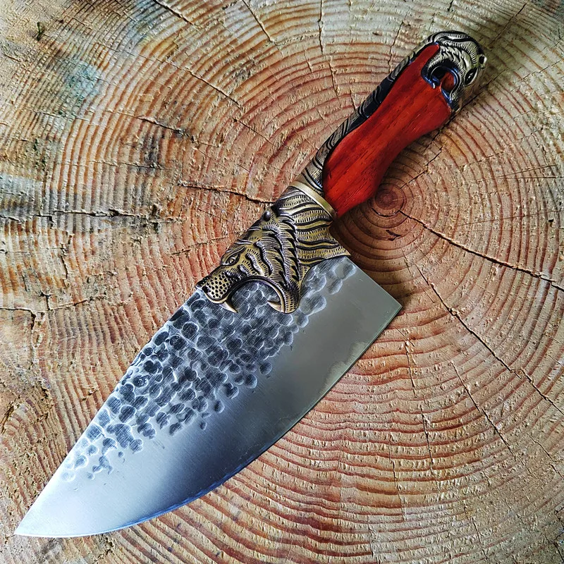 

7.5 Inch Longquan Knife Hanamde Forged Butcher Slicing Cleaver Fixed Blade Sharp Kitchen Knives Copper Tiger Decor Wood Handle