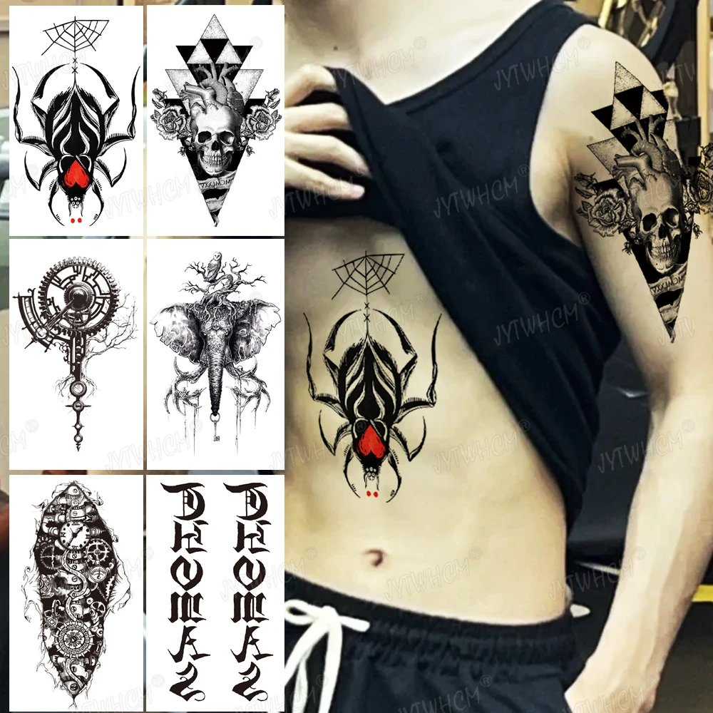 

Large 3D Spider Tattoo Waterproof Halloween Temporary Body Art Sticker Disposable Skull Elephant Makeup Scary Tattoo Temporary