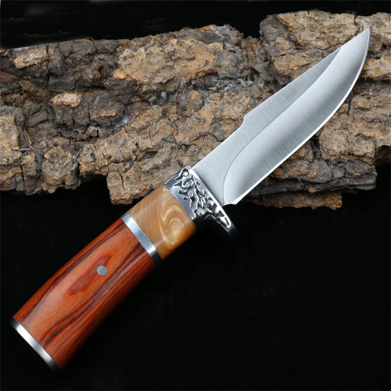 

Outdoor Barbecue Small Straight Knife Fruit Knife Portable Wooden Handle Pocket Knife Collection Knife Camping Straight Knife