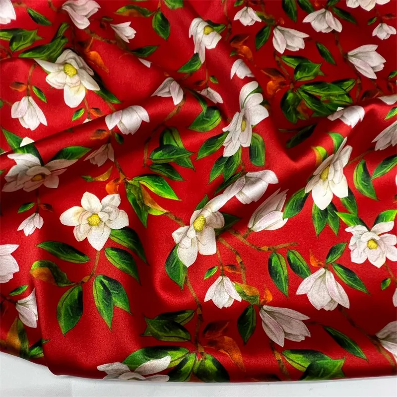 Красно-зеленый цветок 19momme эластичная шелковая ткань Шелковый атлас Гладкая